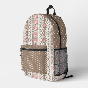 BROWN WITH WHITE LACE LOOK AND PINK FLOWERS PRINTED BACKPACK