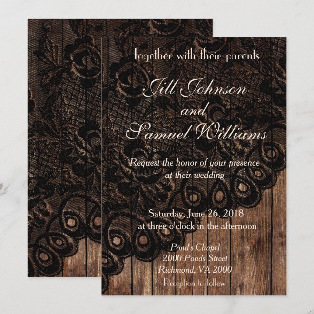 Brown Wood and Faux Lace Wedding Invitation (Front/Back)