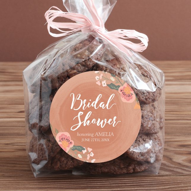 Brown Wood and Floral Rustic Bridal Shower Classic Round Sticker (Creator Uploaded)