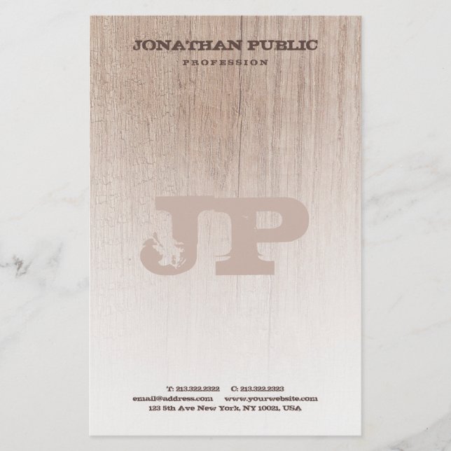 Brown Wood Board Look Monogram Template Stationery (Front)