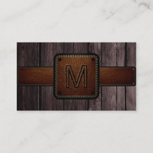 Brown Wood Brown Leather Look Monogram Business Card