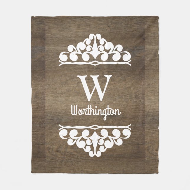Brown Wood Country White Scrolls Personalised Fleece Blanket (Front)