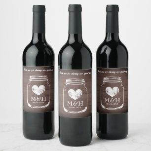 Brown wood countryside wedding mason jar wine label