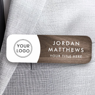 Brown wood custom logo, name and title white name tag