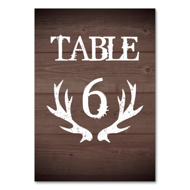 Brown wood deer antler wedding table number card (Front)