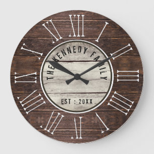 Brown Wood Family Name Farmhouse Roman Numeral    Large Clock