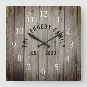 Brown Wood Farmhouse Family Name Square Wall Clock