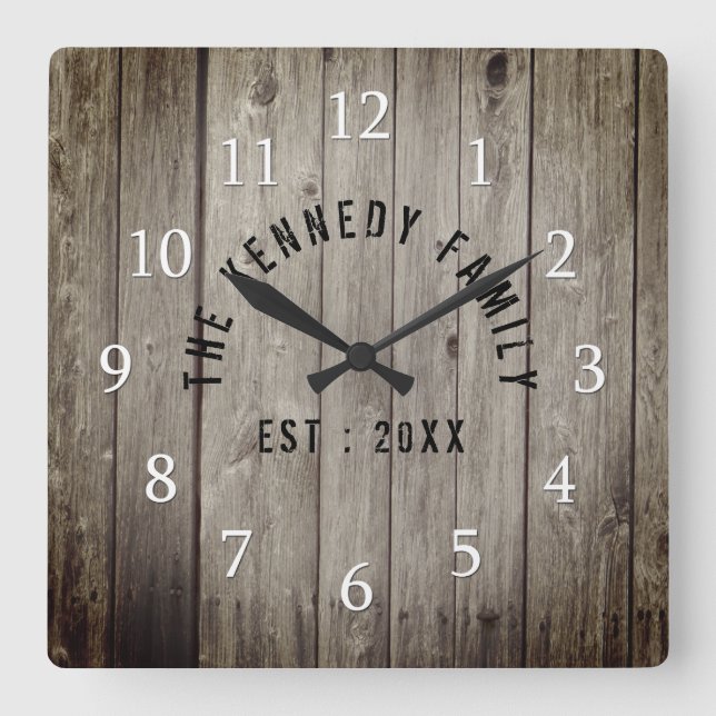 Brown Wood Farmhouse Family Name Square Wall Clock (Front)