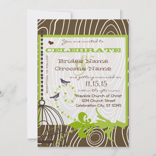 Brown Wood Grain Love Birds Apple Green Borders Invitation (Front)