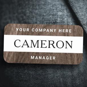 Brown wood grain name, title and company name tag