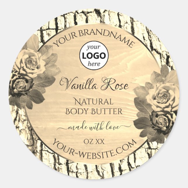 Brown Wood Grain Sepia Roses Product Labels Logo (Front)