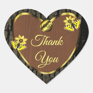 Brown Wood Grain Tree Bark Thank You with Logo Heart Sticker