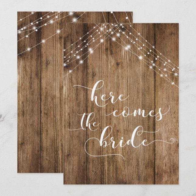 Brown Wood Lights Here Comes the Bride Dog's Sign Invitation (Front/Back)