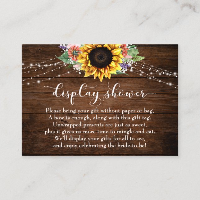 Brown Wood Lights Sunflower Display Bridal Shower Enclosure Card (Front)