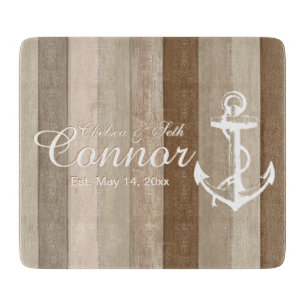 Brown Wood Nautical Stripes & Anchor Cutting Board