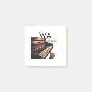 Brown wood piano table keys monogram name post-it notes