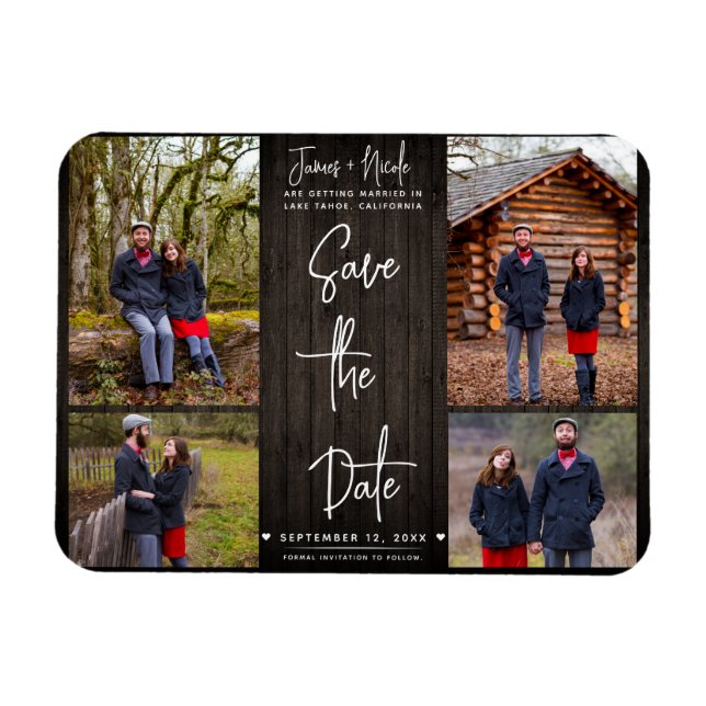 Brown Wood Rustic 4 Photos Save the Date Wedding  Magnet (Horizontal)