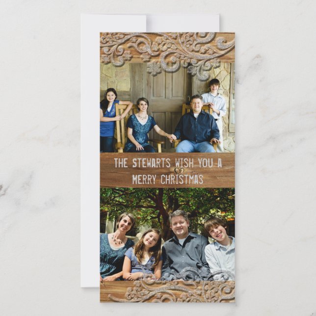 Brown Wood Rustic Country Two Photo Holiday Cards (Front)