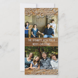 Brown Wood Rustic Country Two Photo Holiday Cards