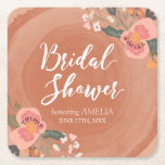 Brown Wood Rustic Floral Bridal Shower Square Paper Coaster<br><div class="desc">Impress your guests with this this pretty personalised Bridal Shower square coaster featuring lovely floral against a brown wood pattern background. They're perfect for a country bridal shower. It will also make great favour gifts for your party. Check out the matching Bridal Shower items in my store here http://www.zazzle.com/collections/brown_wood_rustic_floral_wedding_collection-119146535042869019?rf=238364477188679314 Personalise...</div>
