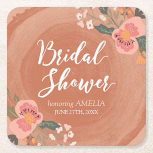 Brown Wood Rustic Floral Bridal Shower Square Paper Coaster