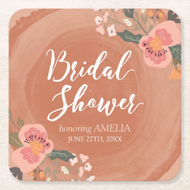 Brown Wood Rustic Floral Bridal Shower Square Paper Coaster (Front)