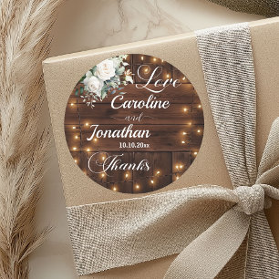 Brown Wood Rustic String Light White Roses Wedding Classic Round Sticker