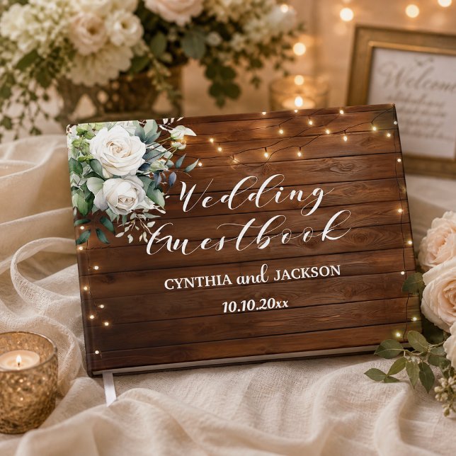 Brown Wood Rustic String Lights Floral Wedding Guest Book (Creator Uploaded)