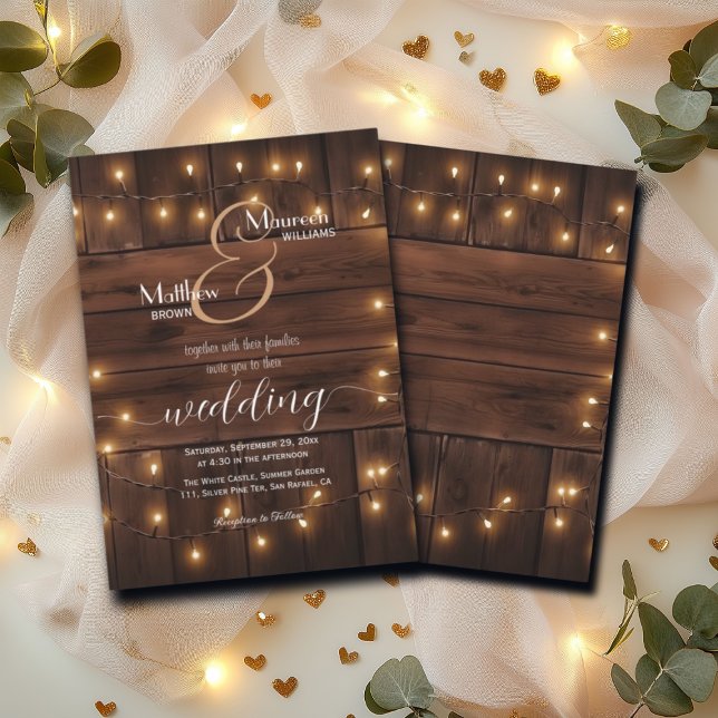Brown Wood Rustic String Lights Wedding Invitation (Creator Uploaded)