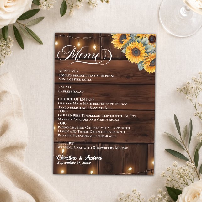 Brown Wood Rustic String Lights Wedding Menu (Creator Uploaded)