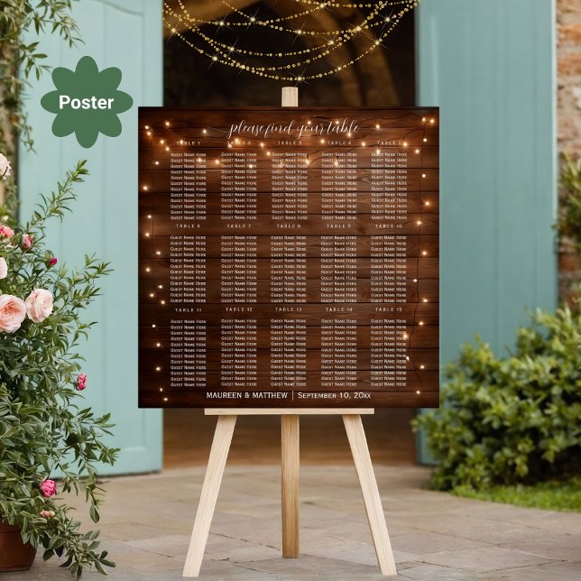 Brown Wood String Lights 15 Tables Wedding Seating Poster (Creator Uploaded)