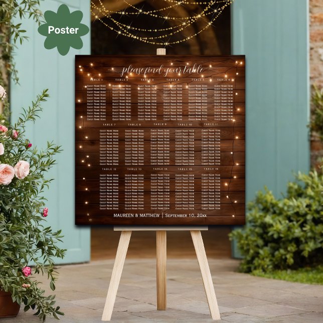 Brown Wood String Lights 16 Tables Wedding Seating Poster (Creator Uploaded)