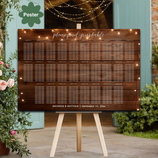 Brown Wood String Lights 28 Tables Wedding Seating Poster (Creator Uploaded)