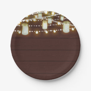 Brown Wood & String Lights Country Rustic Party Paper Plate