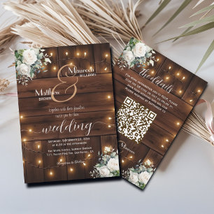 Brown Wood String Lights QR Code Roses Wedding Invitation