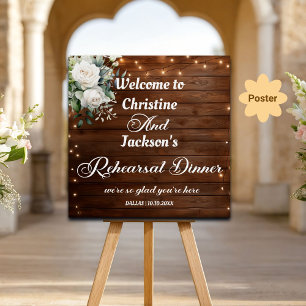 Brown Wood String Lights Rehearsal Dinner Welcome Poster