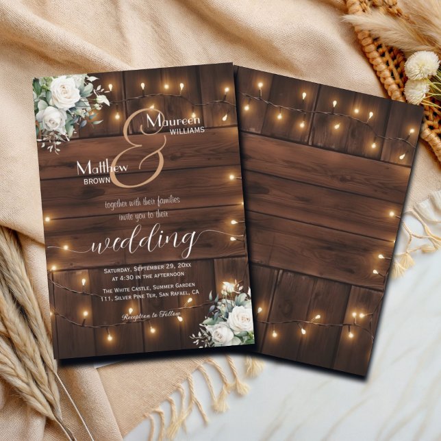 Brown Wood String Lights White Roses Wedding Invitation (Creator Uploaded)