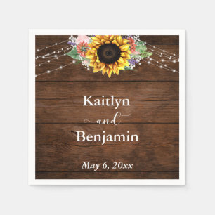 Brown Wood Sunflower Lights Names & Date Napkin