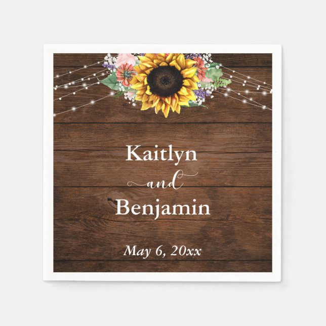 Brown Wood Sunflower Lights Names & Date Napkin (Front)