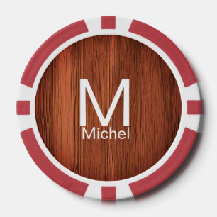Brown wood texture lines add monogram letter name  poker chips