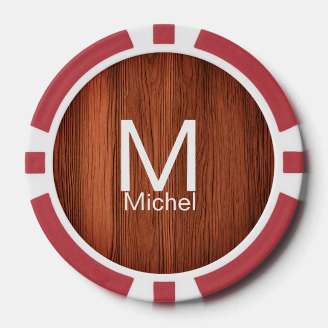 Brown wood texture lines add monogram letter name  poker chips (Front)