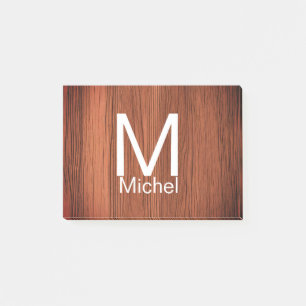 Brown wood texture lines add monogram letter name post-it notes