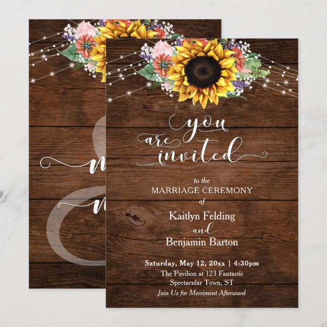 Brown Wood, Typography, Sunflower & Lights Wedding Invitation (Front/Back)