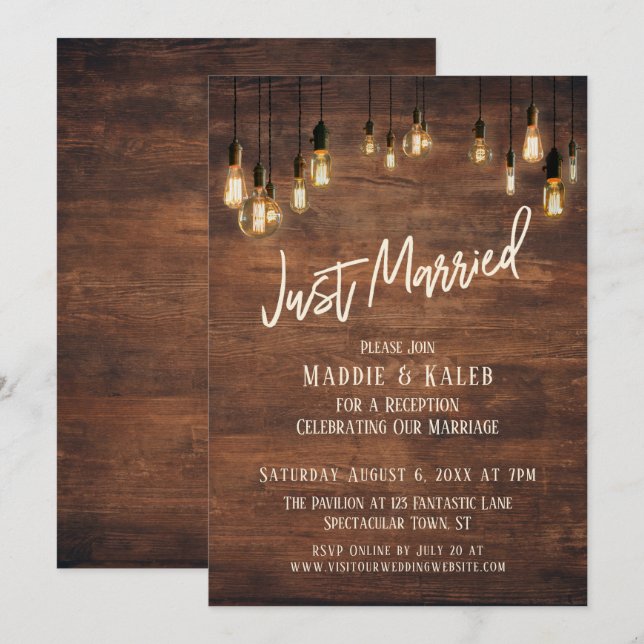 Brown Wood Wall with Edison Lights, Just Married Invitation (Front/Back)