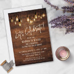 Brown Wood Wall with Edison Lights Let's Celebrate Invitation<br><div class="desc">This modern, rustic wedding reception card features a rich, dark brown wooden wall overlaid with Edison light bulbs. I've used a modern handwritten font to render a graphic depicting the words "Let's Celebrate!". Your own text is easily added for customising this template as little or much as you wish. Use...</div>