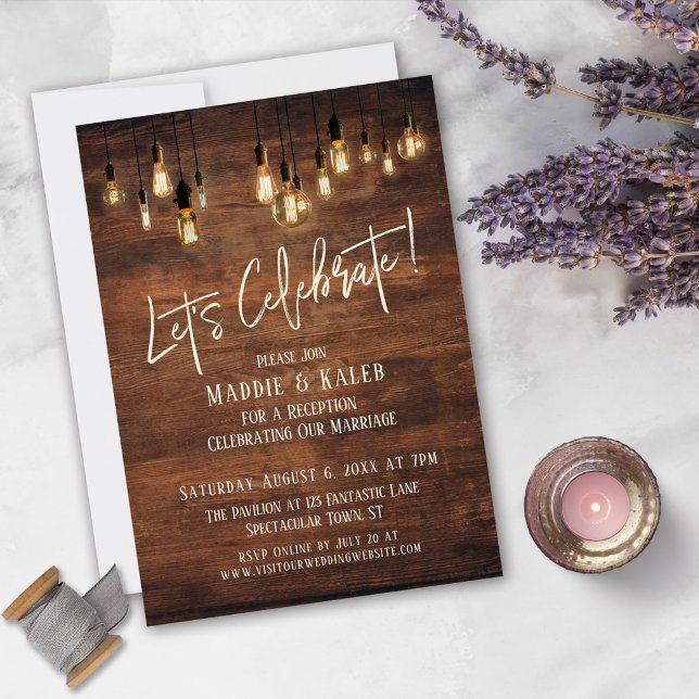 Brown Wood Wall with Edison Lights Let's Celebrate Invitation (Creator Uploaded)