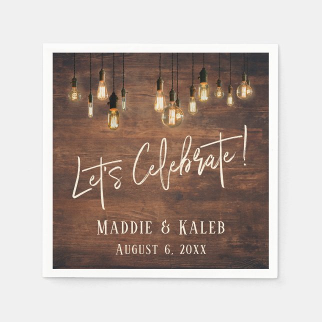 Brown Wood Wall with Edison Lights Let's Celebrate Napkin (Front)