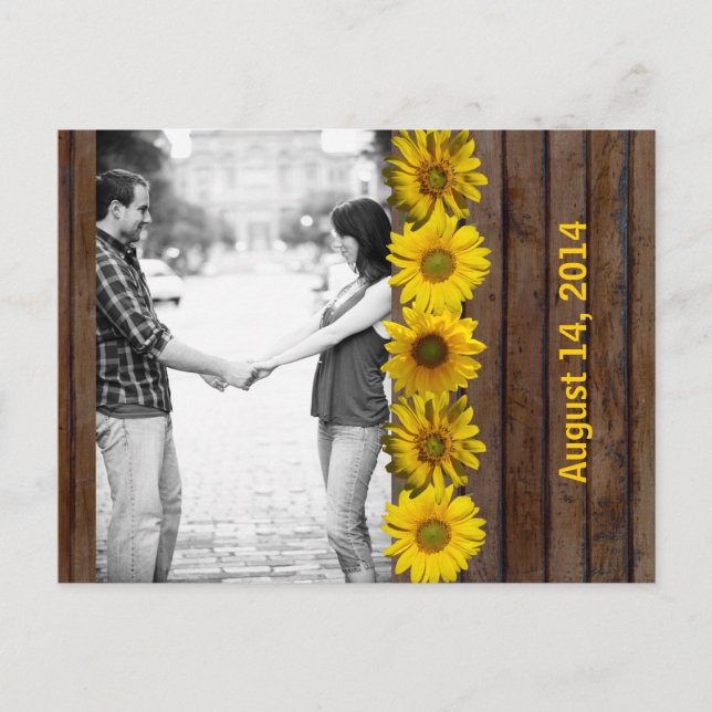 Brown Wood Yellow Sunflower Photo Save the Date Announcement Postcard (Front)