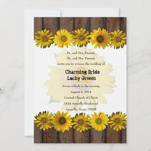 Brown Wood Yellow Sunflower Photo Wedding Invite (Front)