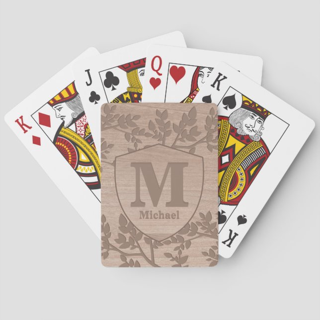 Brown Wooden Bohemian Name Monogram Playing Cards (Back)